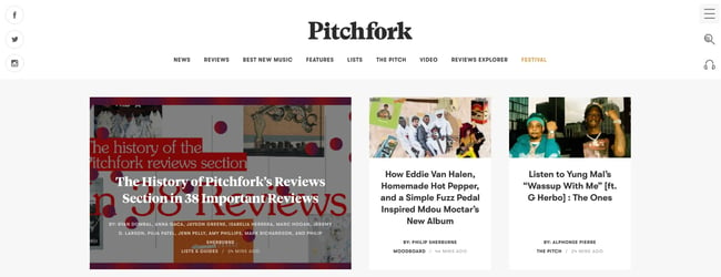 homepage for pitchfork, an entertainment type of website
